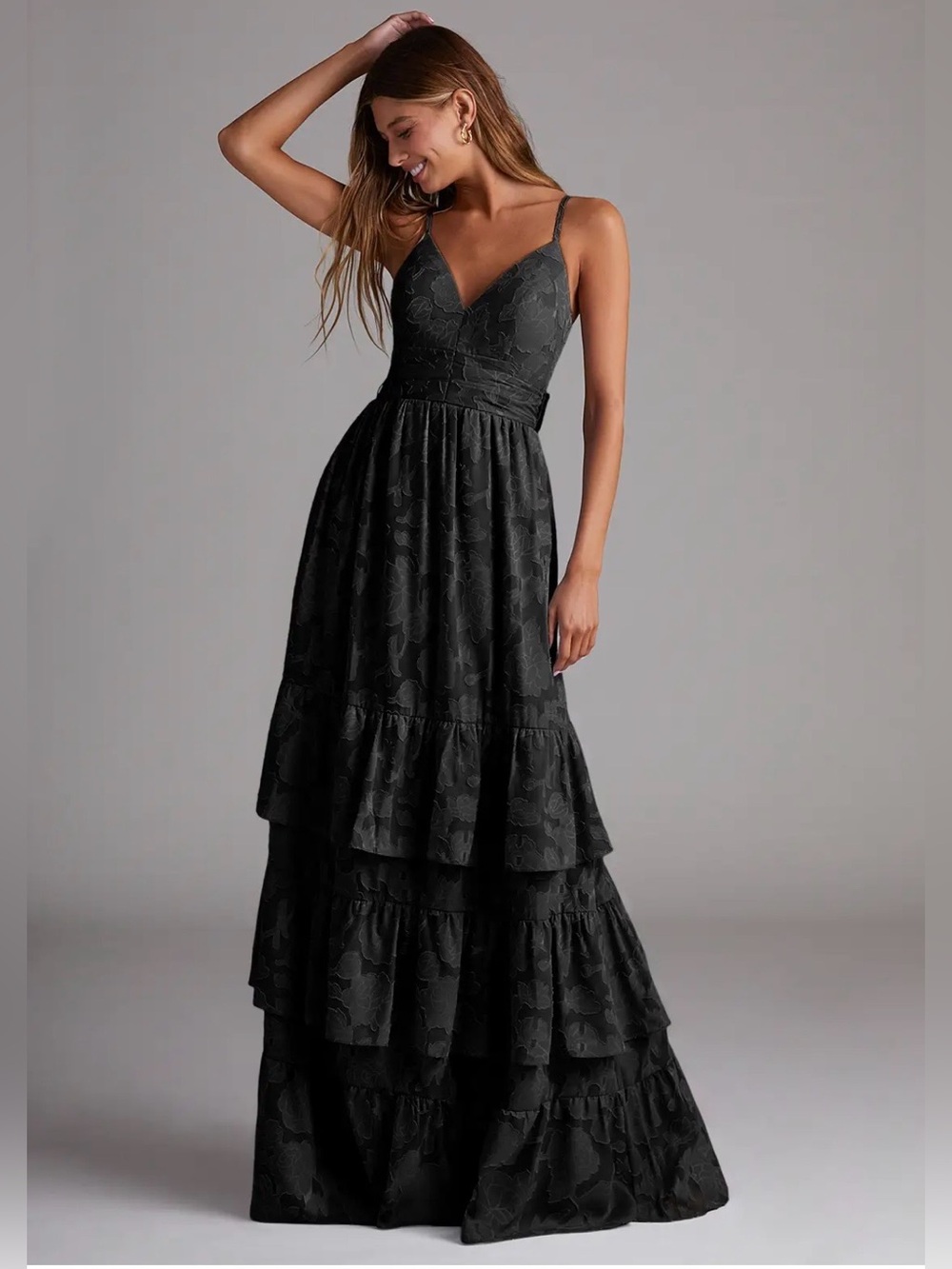 Azazie Nathalia Black Tiered Maxi Dress with Spaghetti Straps Size A8 NWT